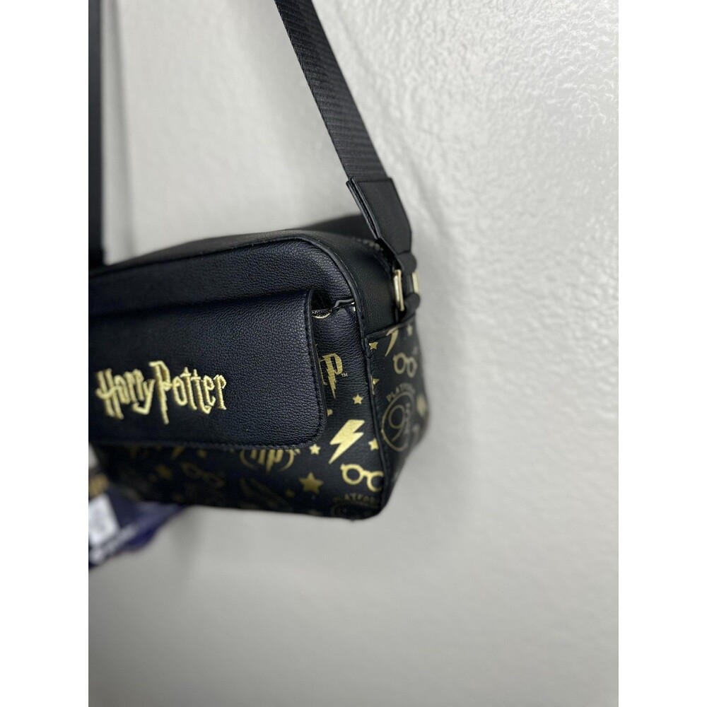 NEW Harry Potter Crossbody Bag Adults Small Black Faux Leather Logo Gold Icons - Picture 3 of 7
